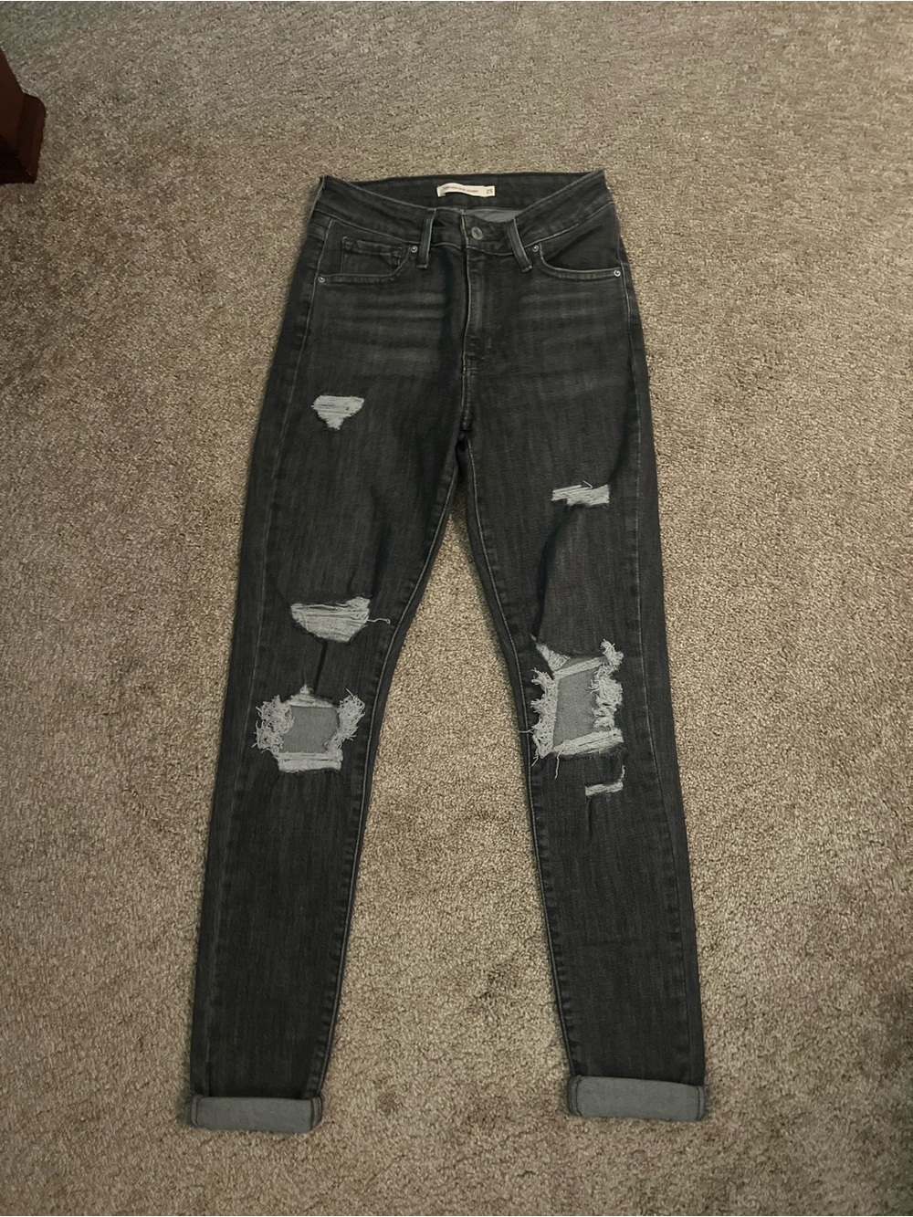 Levi's 721 High Rise Distressed Skinny Jeans in Charcoal Gray/Black